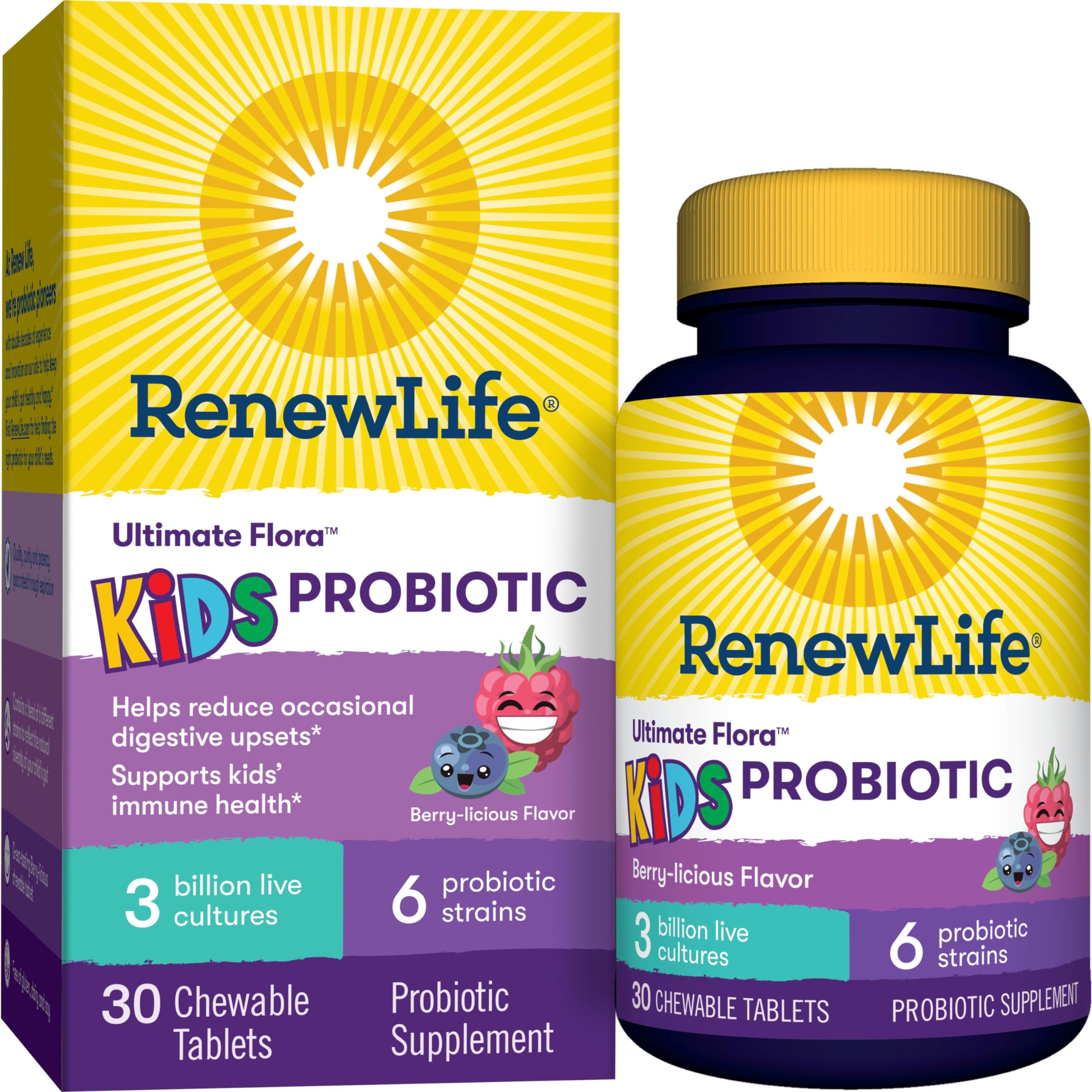 Renew Life Kids Probiotic berry-flavored chewable tablet for easy daily use and gut support