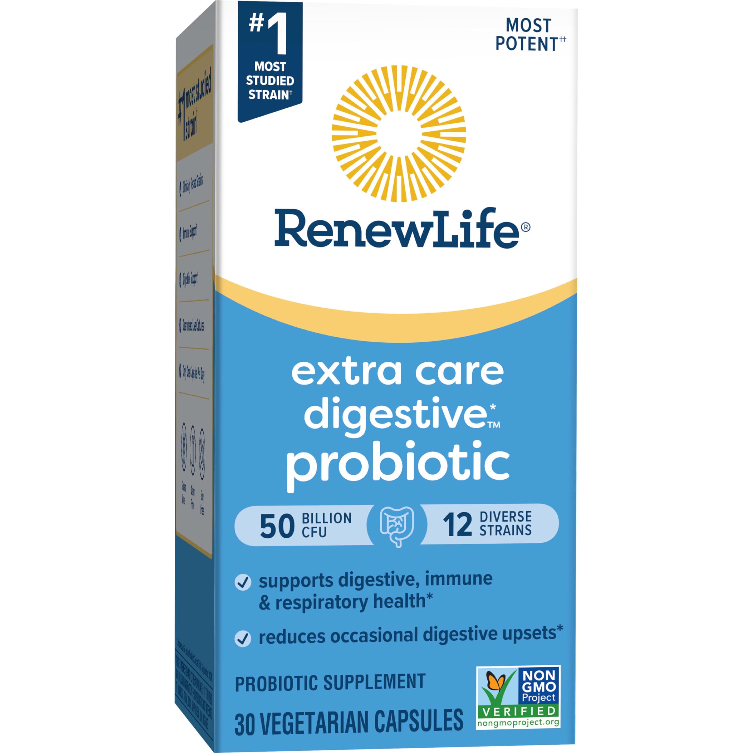 Non-GMO, gluten-free, dairy-free and soy-free badge on Renew Life probiotic label.