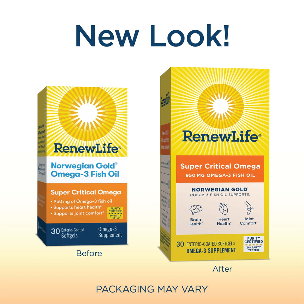 Renew Life Norwegian Gold Softgels bottle side-label highlights 950 mg EPA/DHA