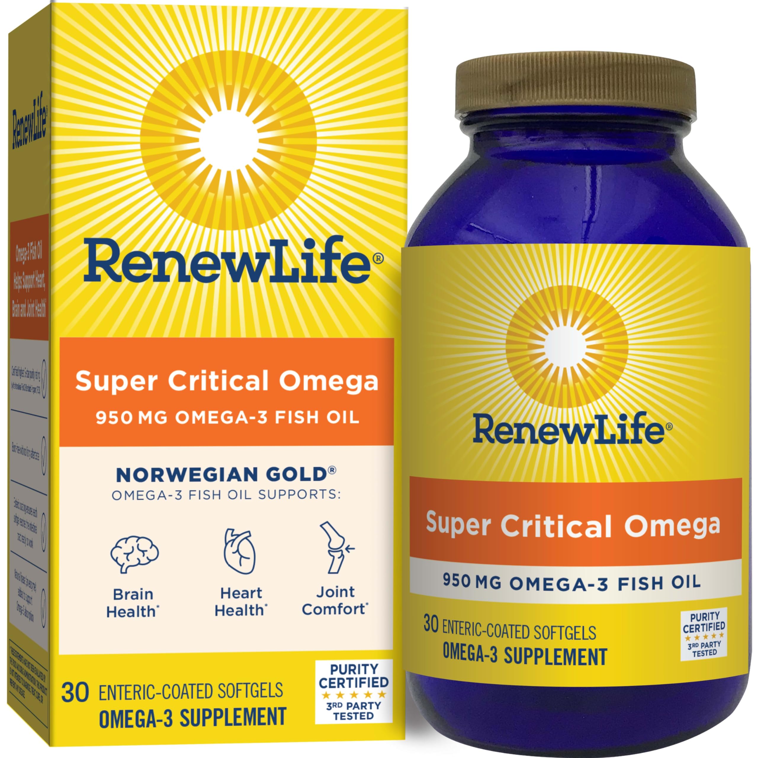 Renew Life Norwegian Gold Softgels gluten-free dairy-free icons on label