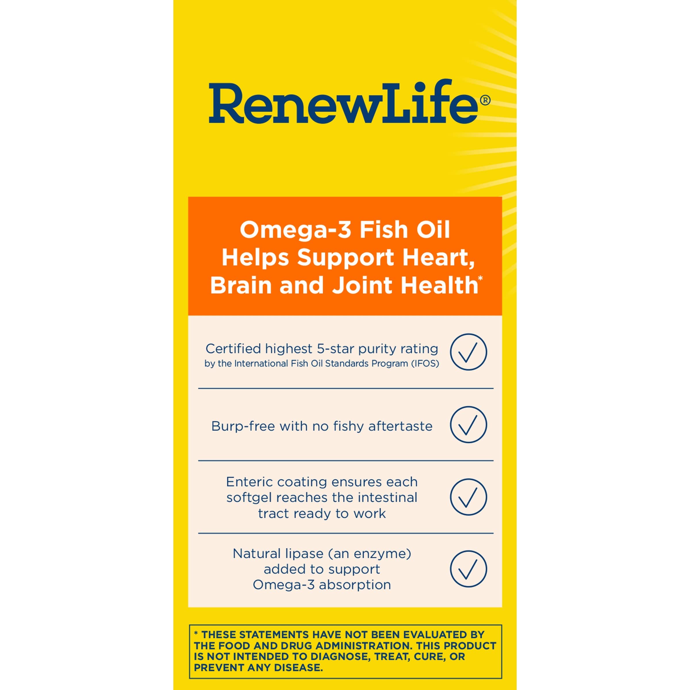 Renew Life Norwegian Gold Softgels heart brain health graphic shows potential benefits