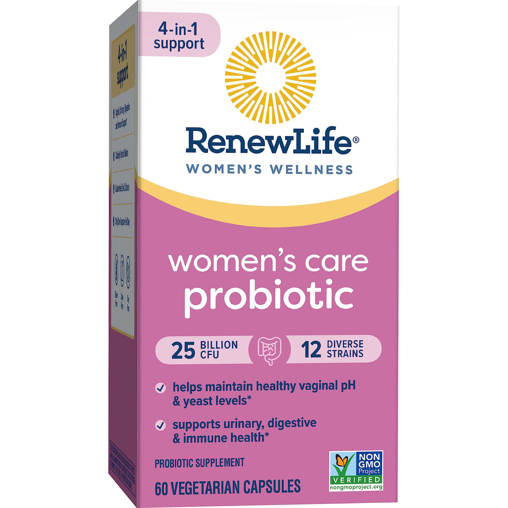 Renew Life packaging display on shelf showcasing women's wellness probiotic option.