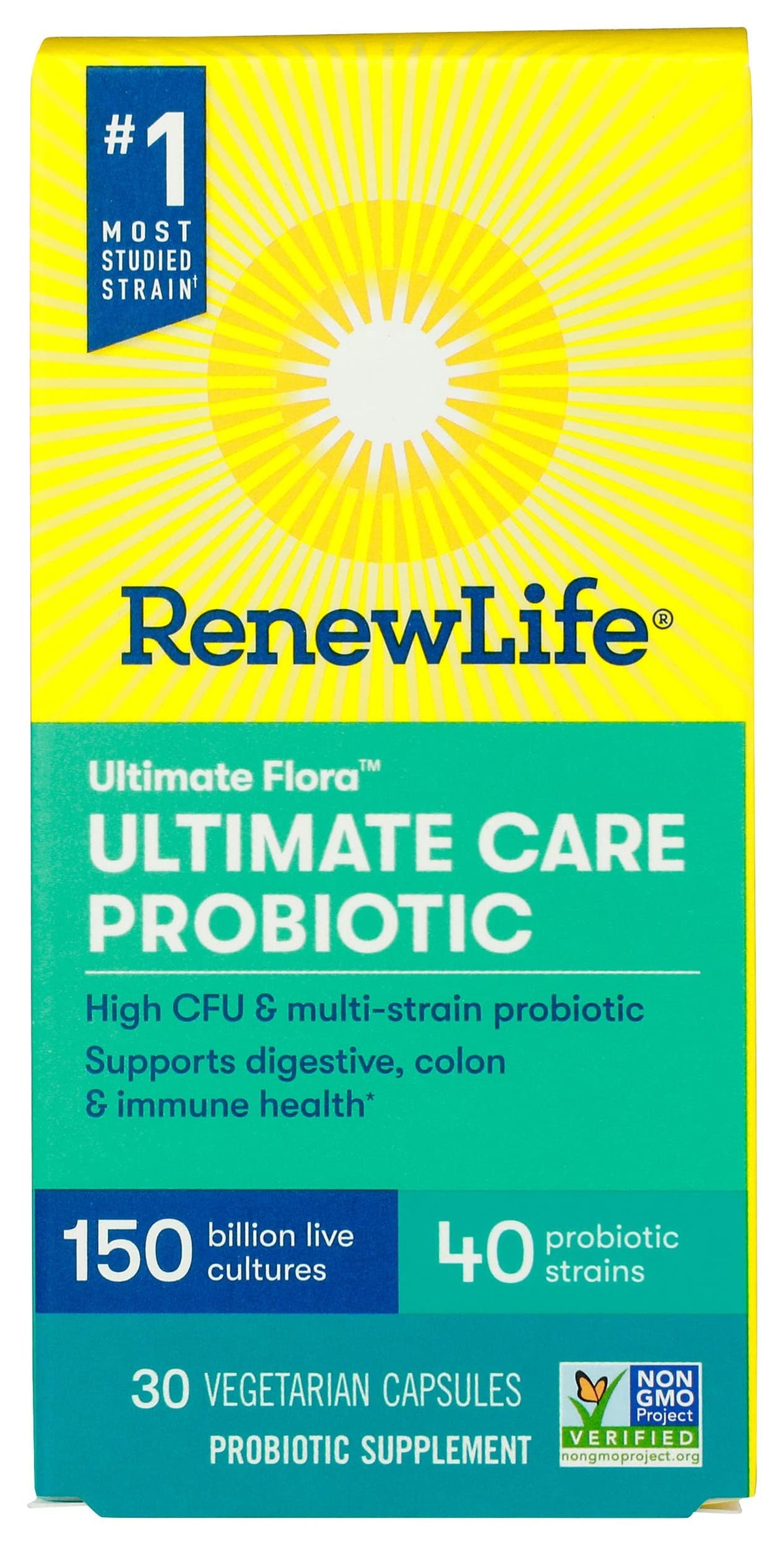 Renew Life Probiotic 150B Ultmt Care bottle for daily digestive balance support.