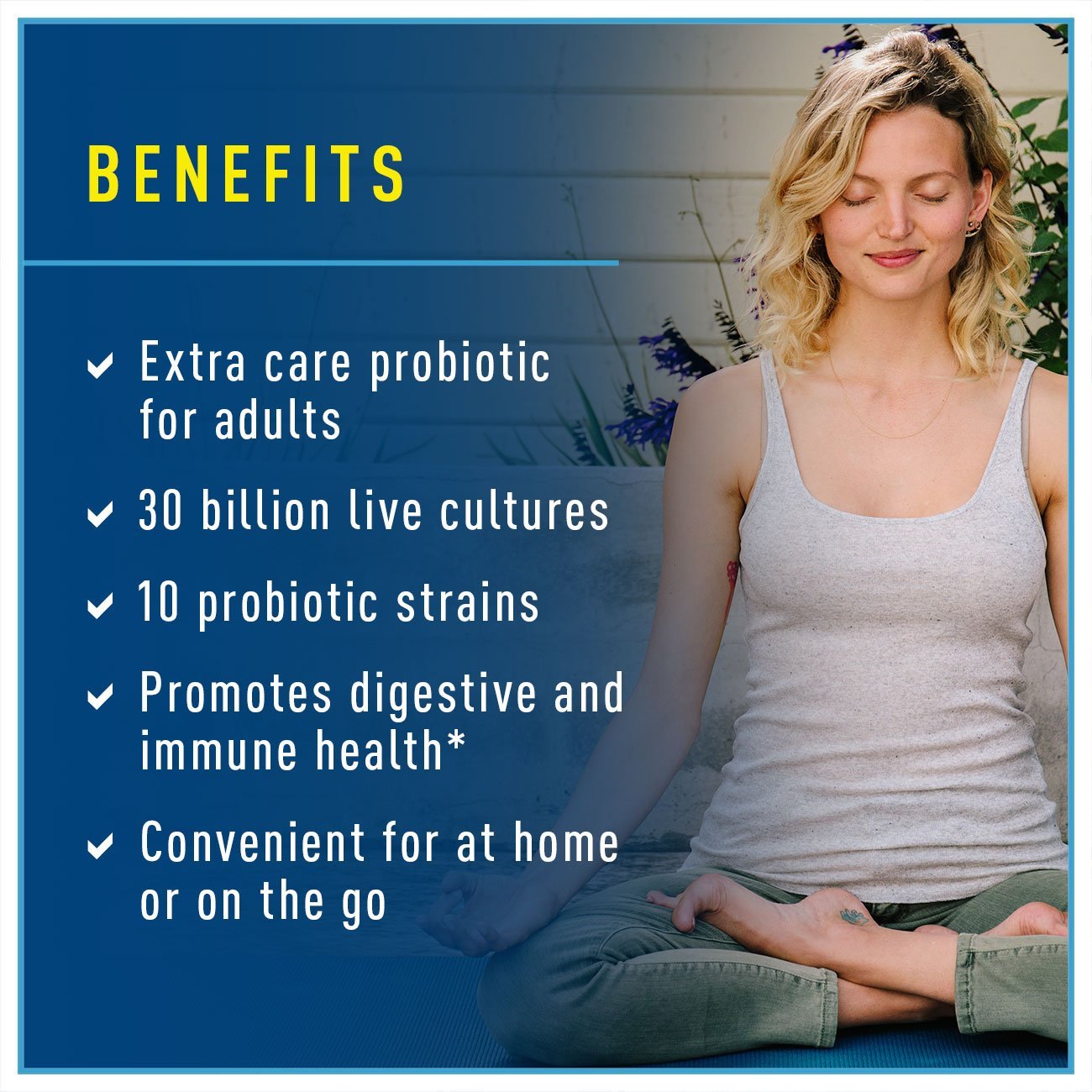 Renew Life probiotic 30 billion cultures bottle highlighting multiple strains.