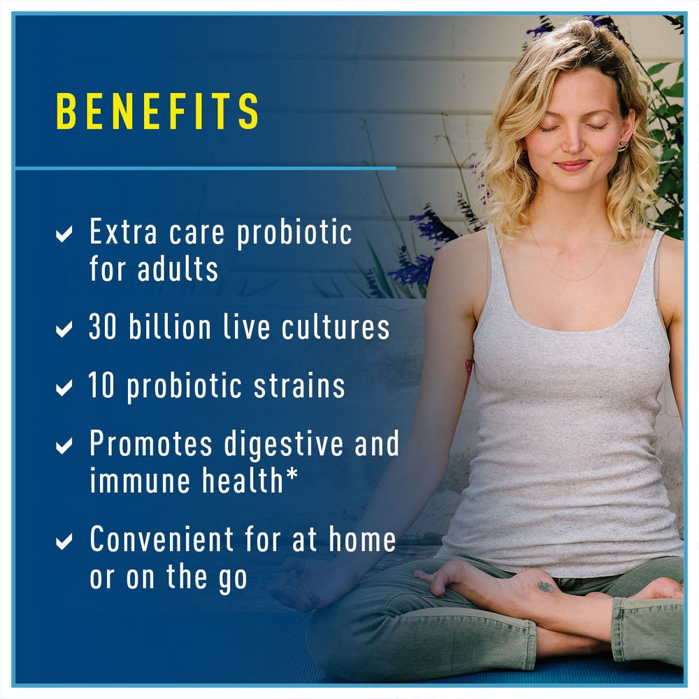 Renew Life probiotic 30 billion cultures bottle highlighting multiple strains.