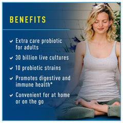 Renew Life probiotic 30 billion cultures bottle highlighting multiple strains.