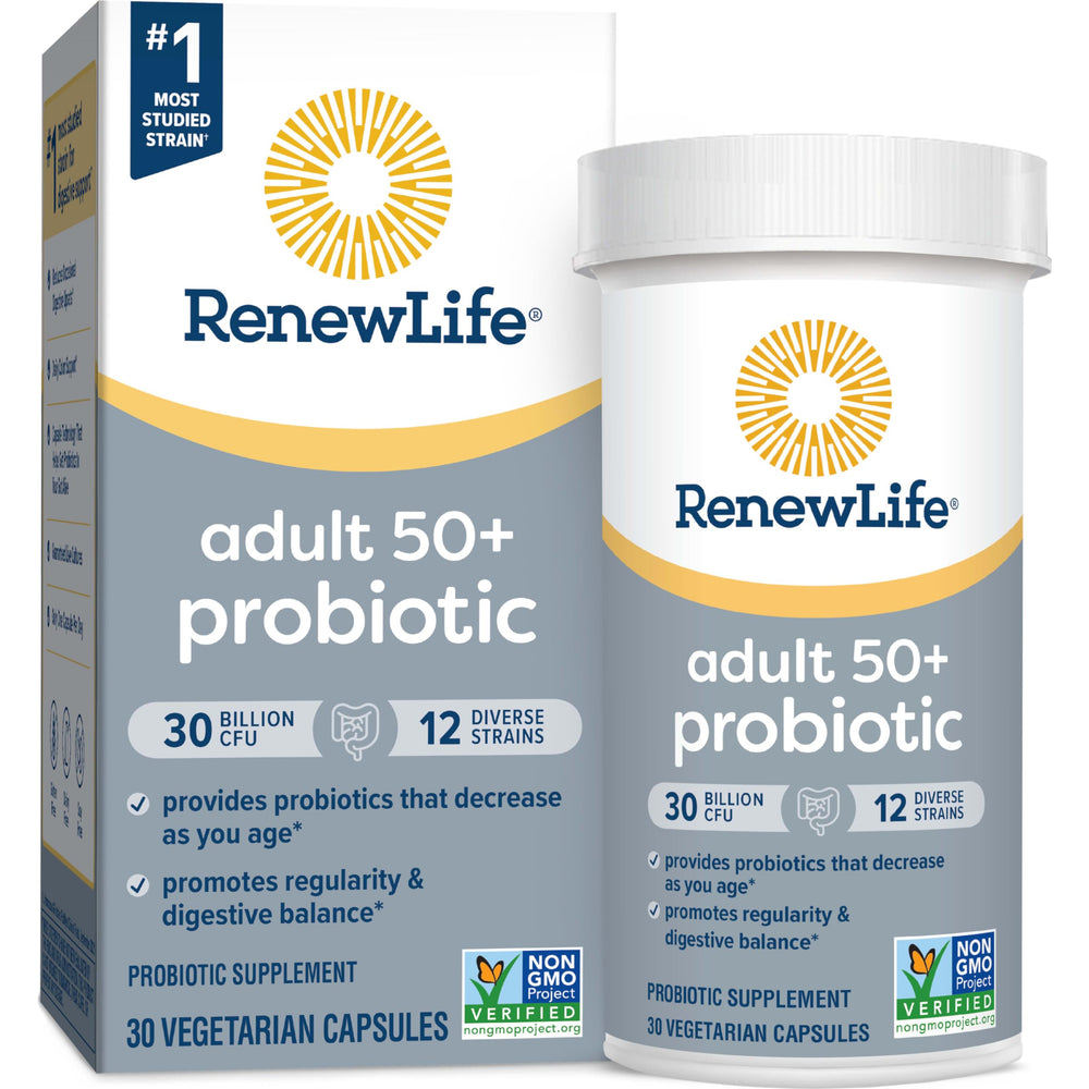 Renew Life Probiotic Adult 50 Plus bottle front showing 30B CFU for daily balance.