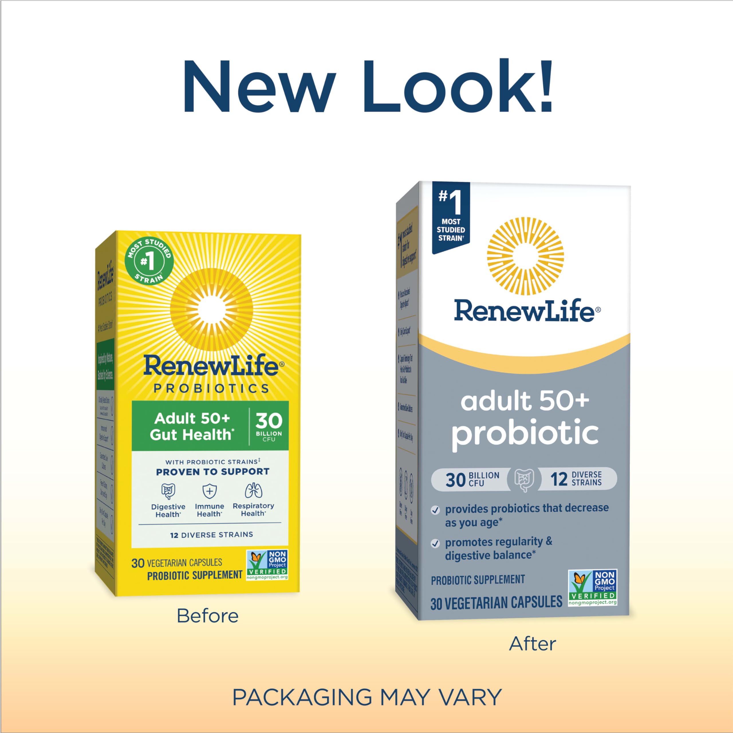 Renew Life Probiotic Adult 50 Plus label highlights 12-strain diversity for gut support.