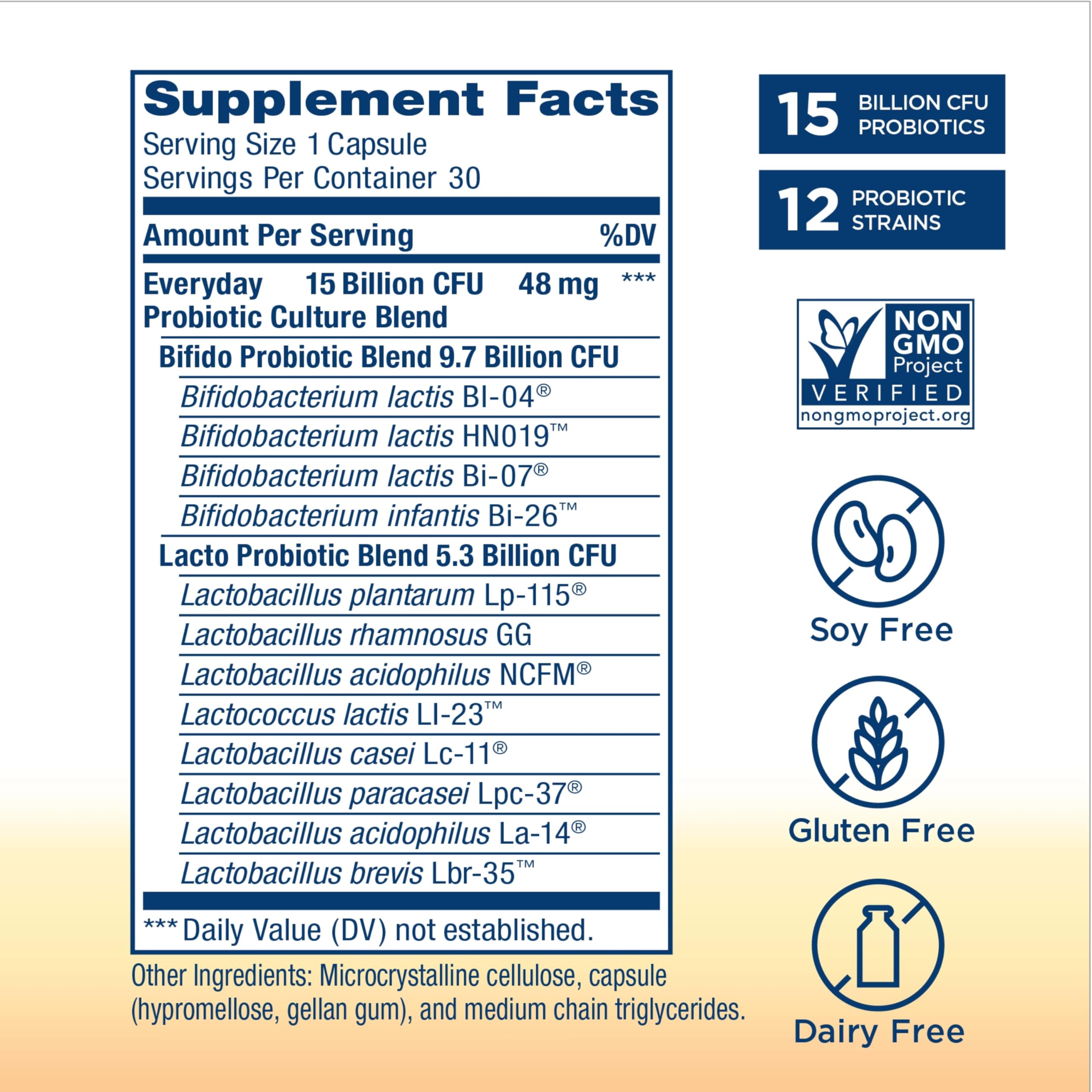 Probiotic capsules from Renew Life, vegetarian and dairy-free, designed for gut-friendly routines.