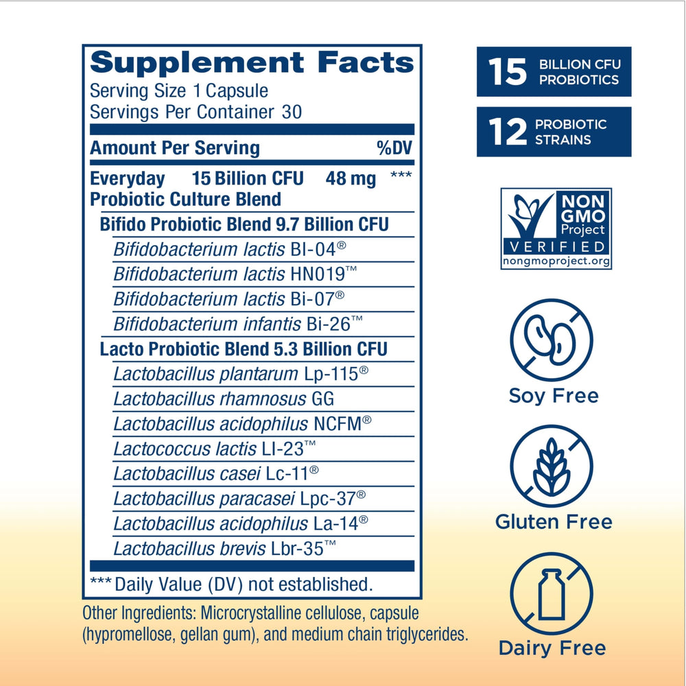 Probiotic capsules from Renew Life, vegetarian and dairy-free, designed for gut-friendly routines.