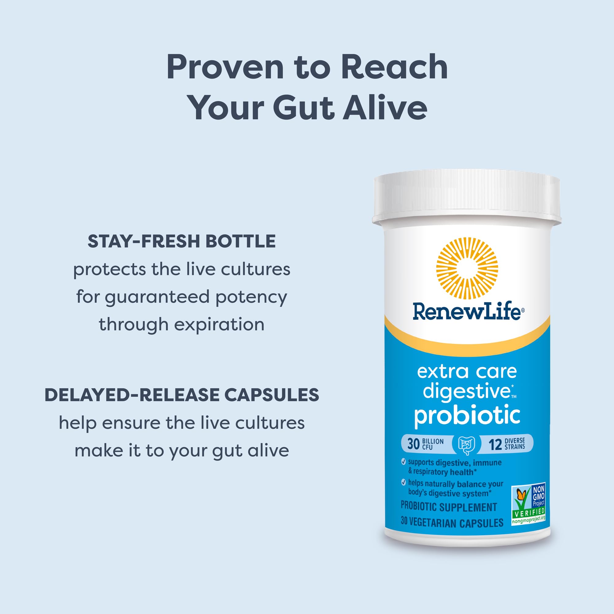 Renew Life delayed-release capsules illustrate gut-delivery design.