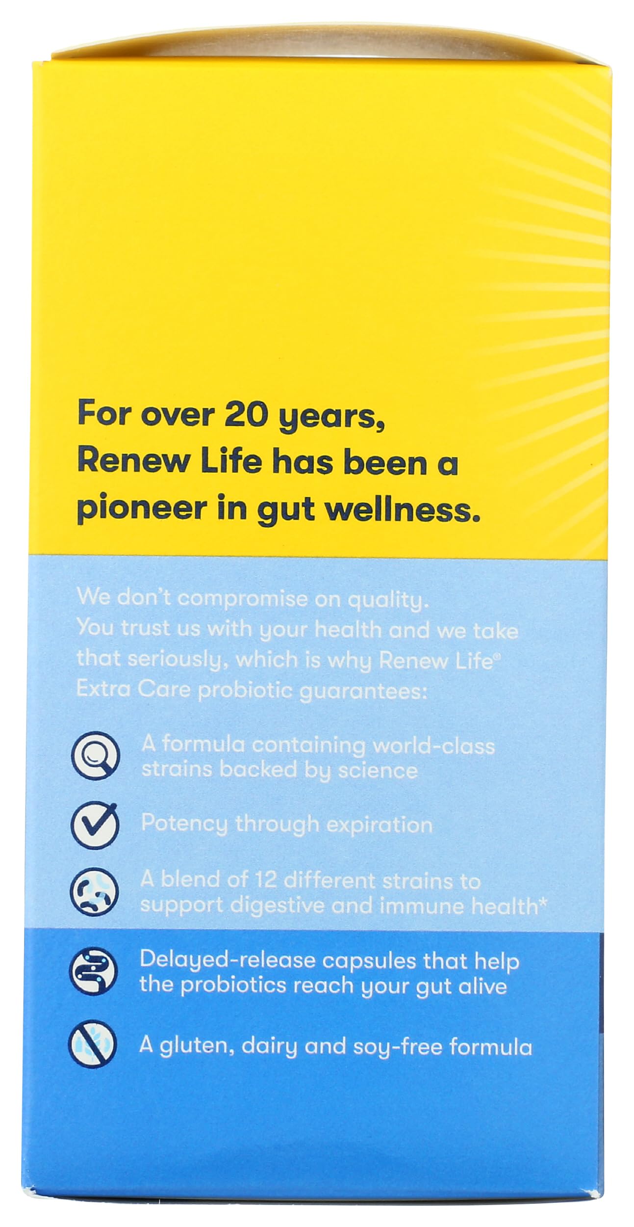 Renew Life Probiotic Extra Care 50B packaging on shelf conveys trusted blend.