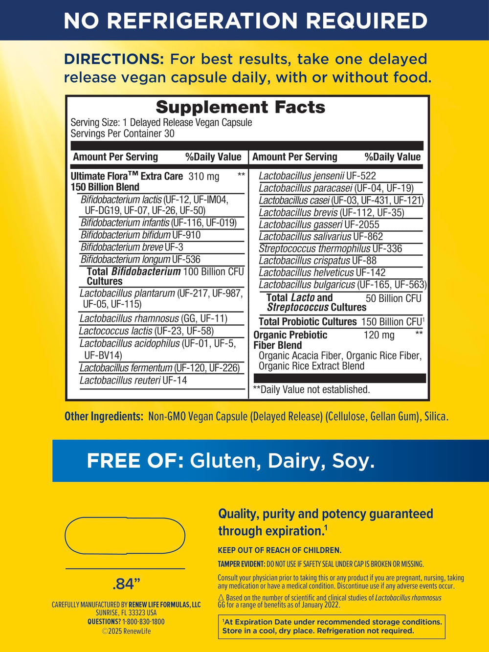 Renew Life Ultimate Flora bottle back label highlights diverse strains for gut balance.