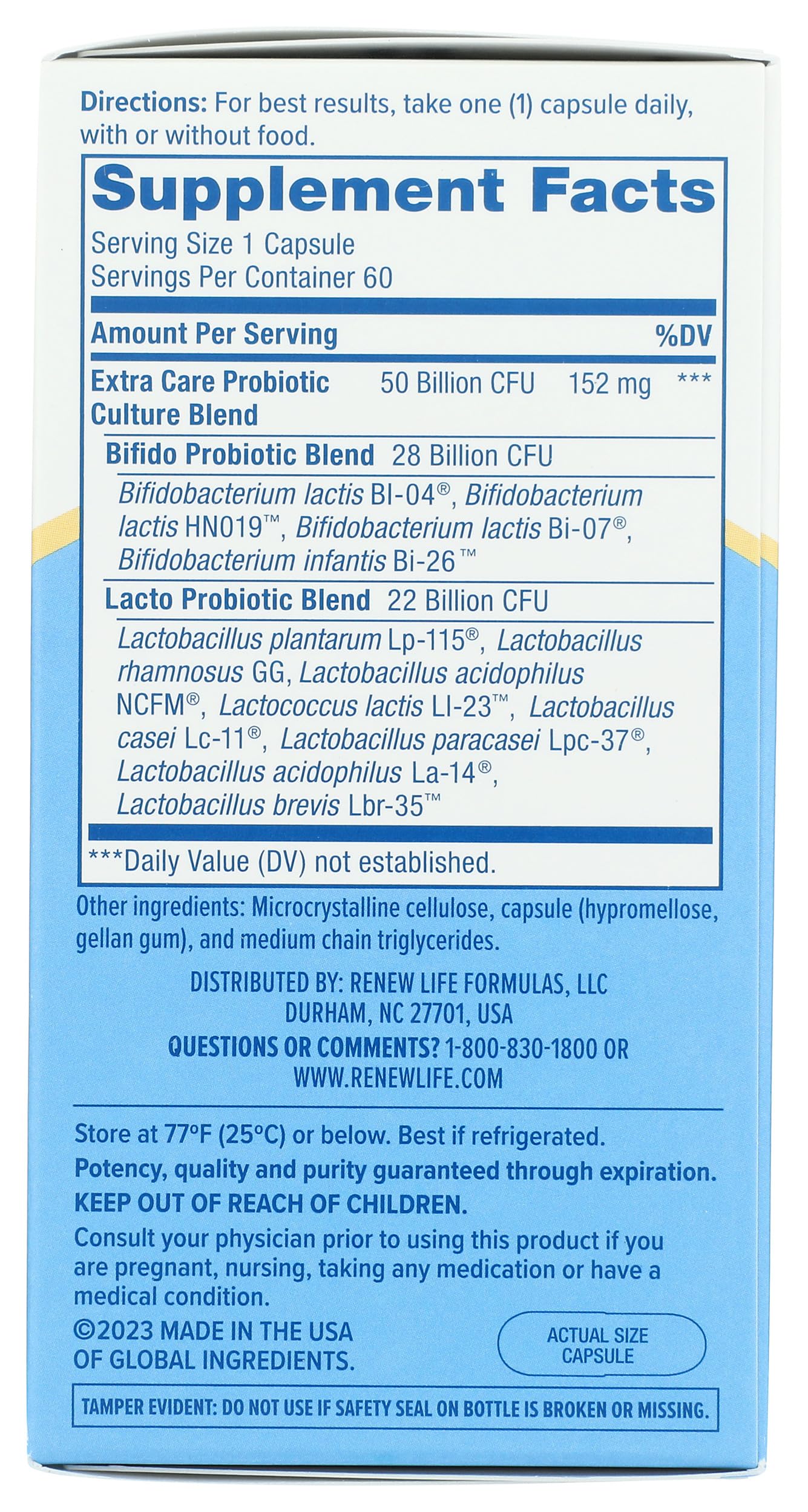 Renew Life Ultimate Flora bottle label detail and ingredients list.