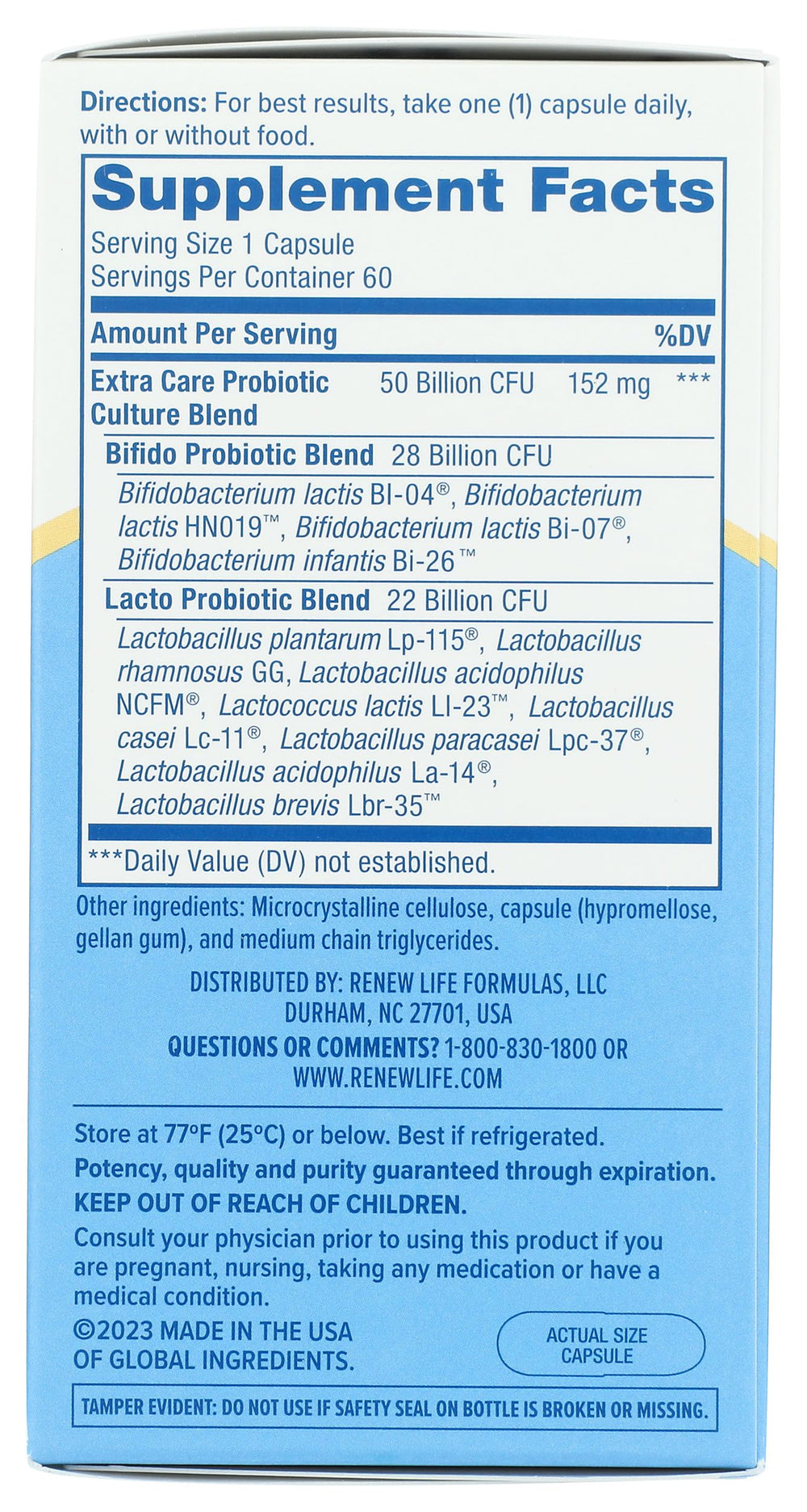 Renew Life Ultimate Flora bottle label detail and ingredients list.
