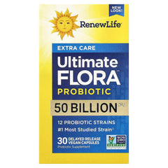 Renew Life Ultimate Flora Extra Care probiotic bottle front view supports daily digestive balance.