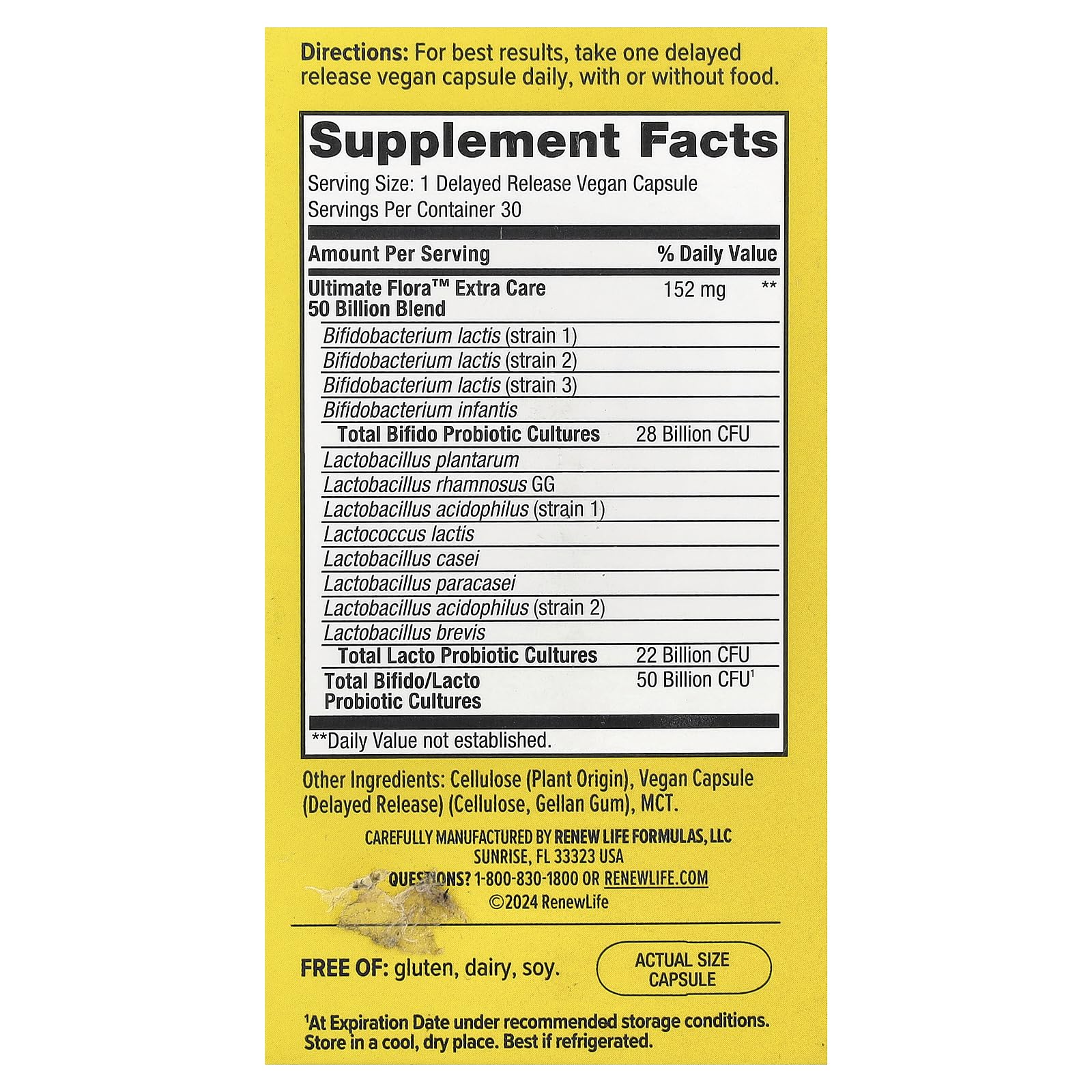 Renew Life Ultimate Flora Extra Care probiotic bottle pour demonstrates convenient daily use.
