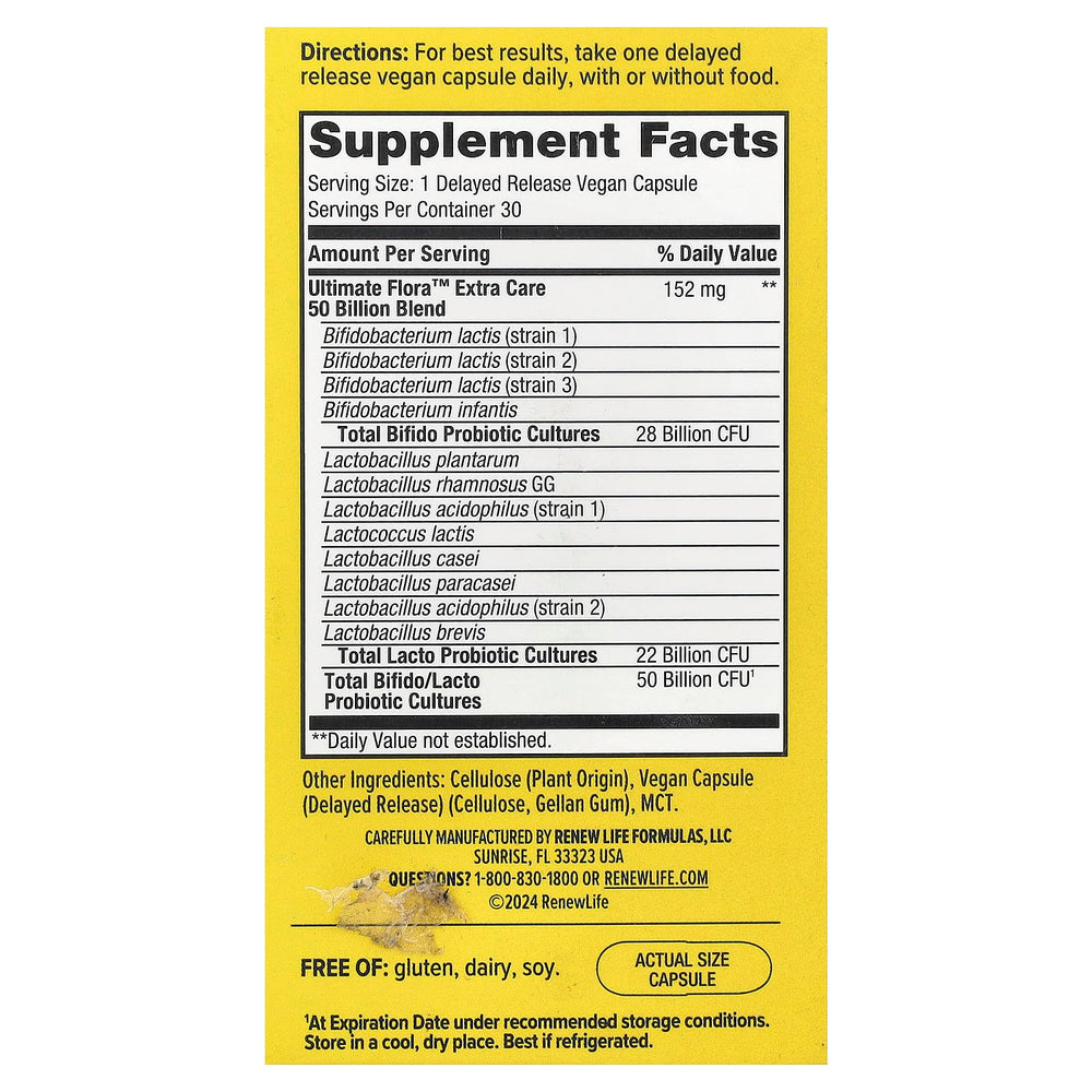 Renew Life Ultimate Flora Extra Care probiotic bottle pour demonstrates convenient daily use.