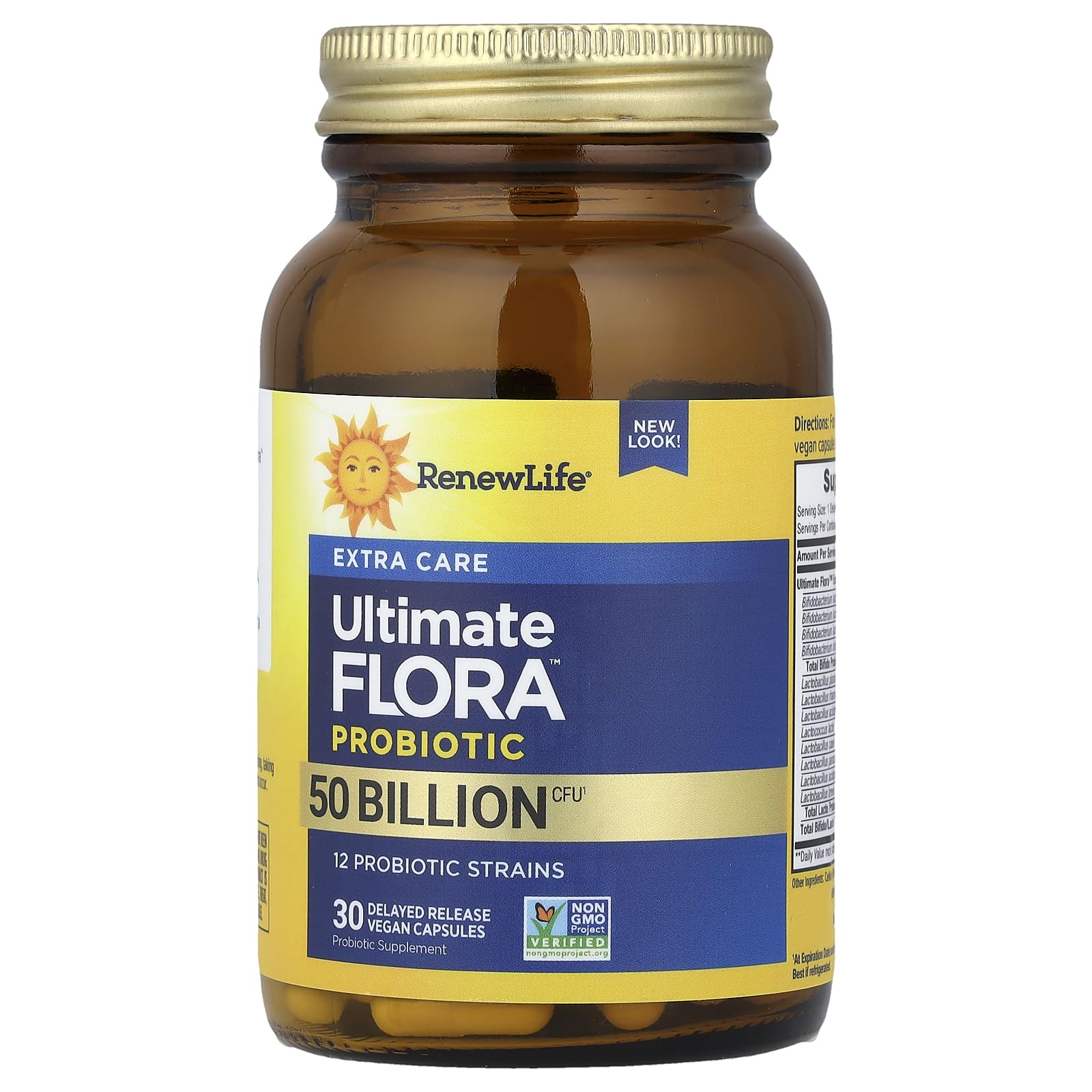Renew Life Ultimate Flora Extra Care probiotic 30-count pack closeup showcases portable daily support.