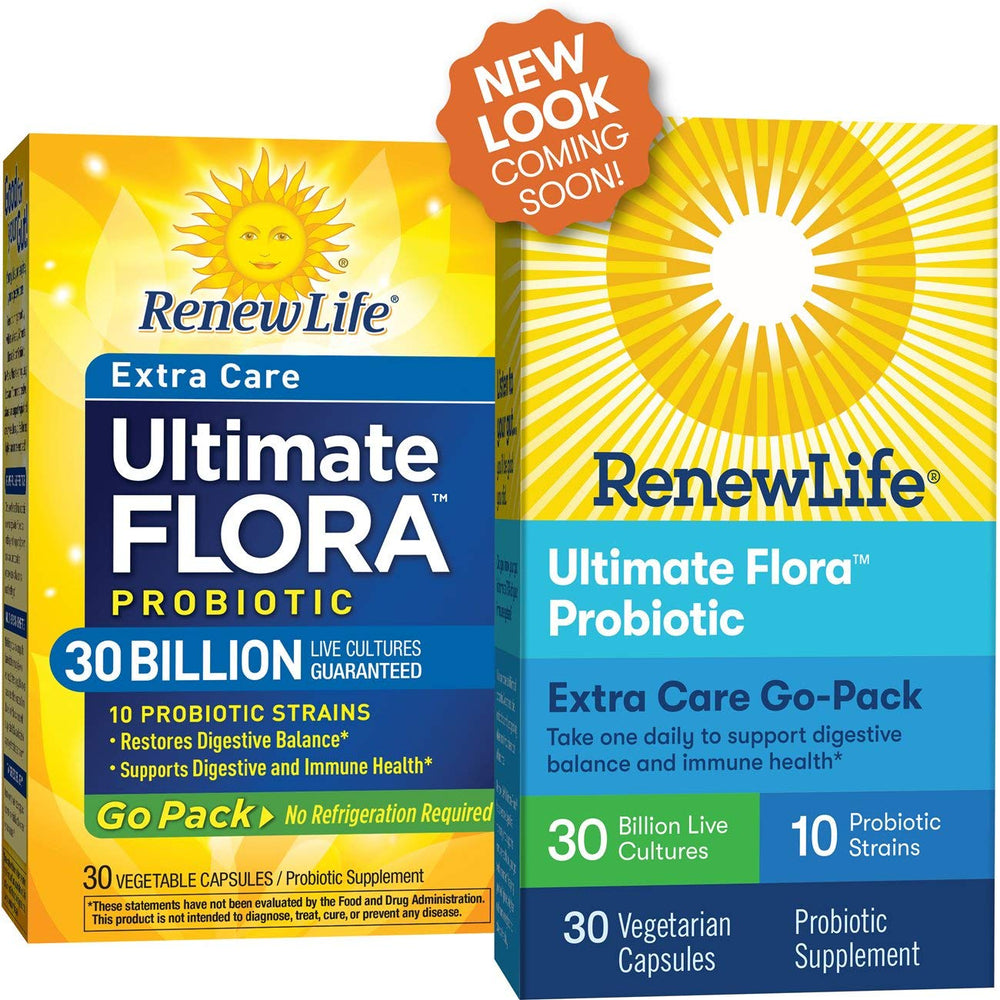 Renew Life Ultimate Flora Go Pack blister pack on the go for convenient daily probiotic.