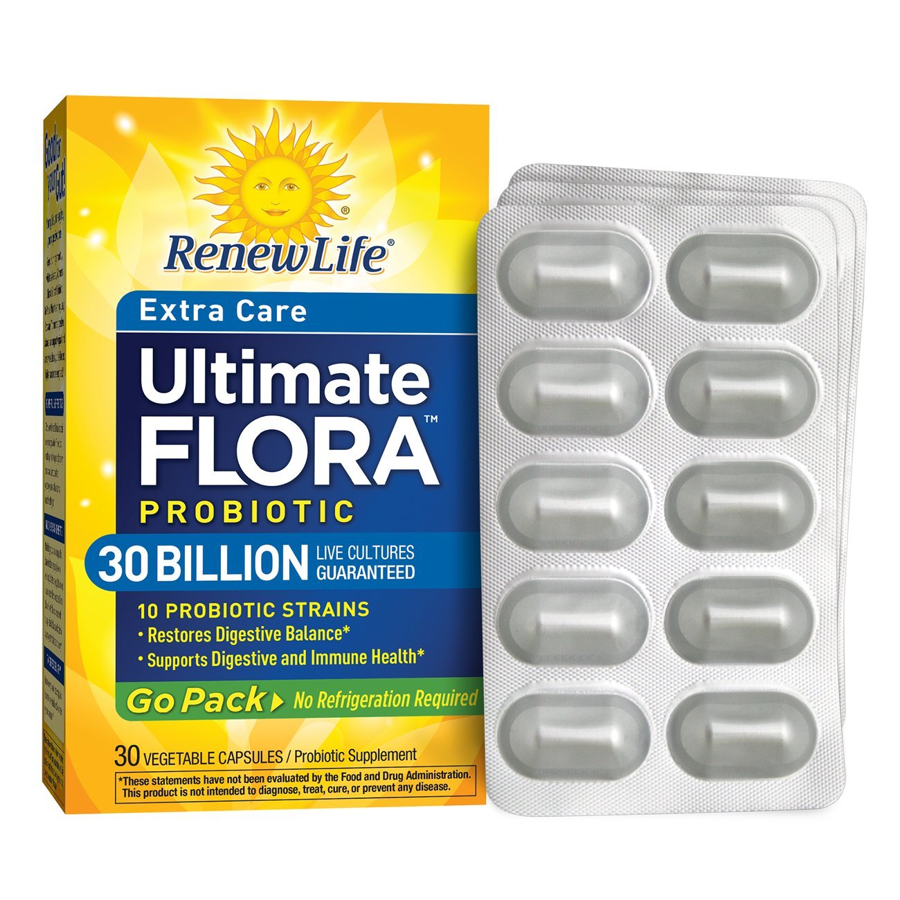 Renew Life Ultimate Flora Go Pack bottle close-up for digestion support.