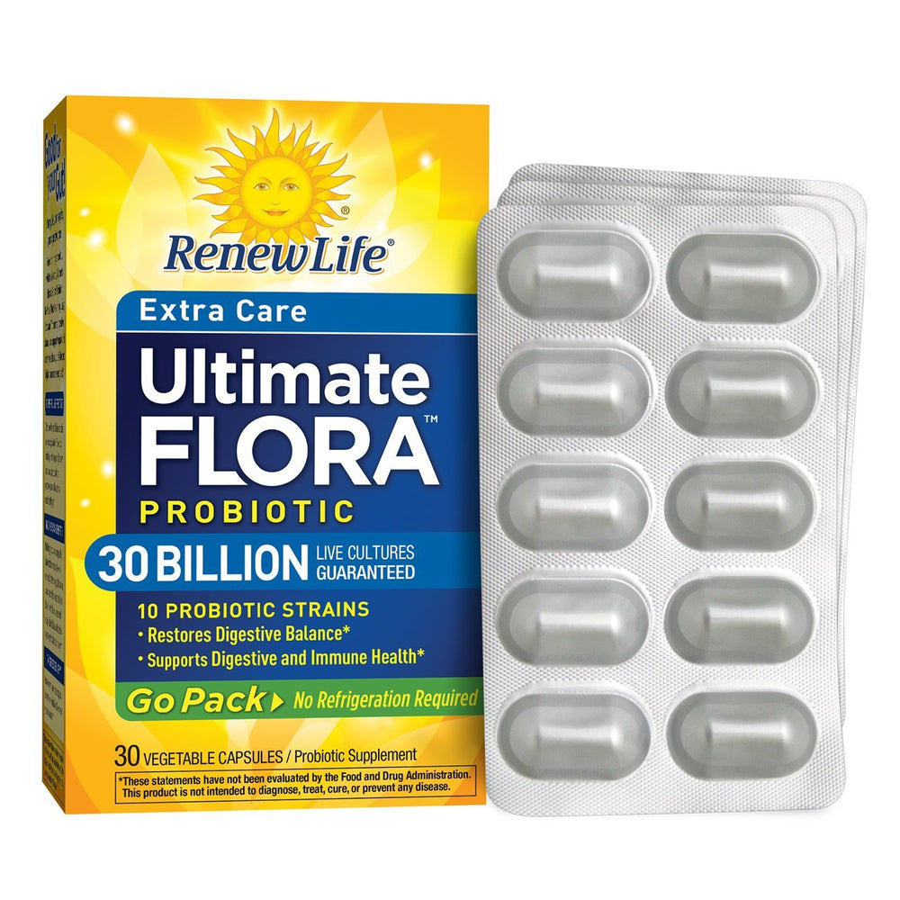 Renew Life Ultimate Flora Go Pack bottle close-up for digestion support.