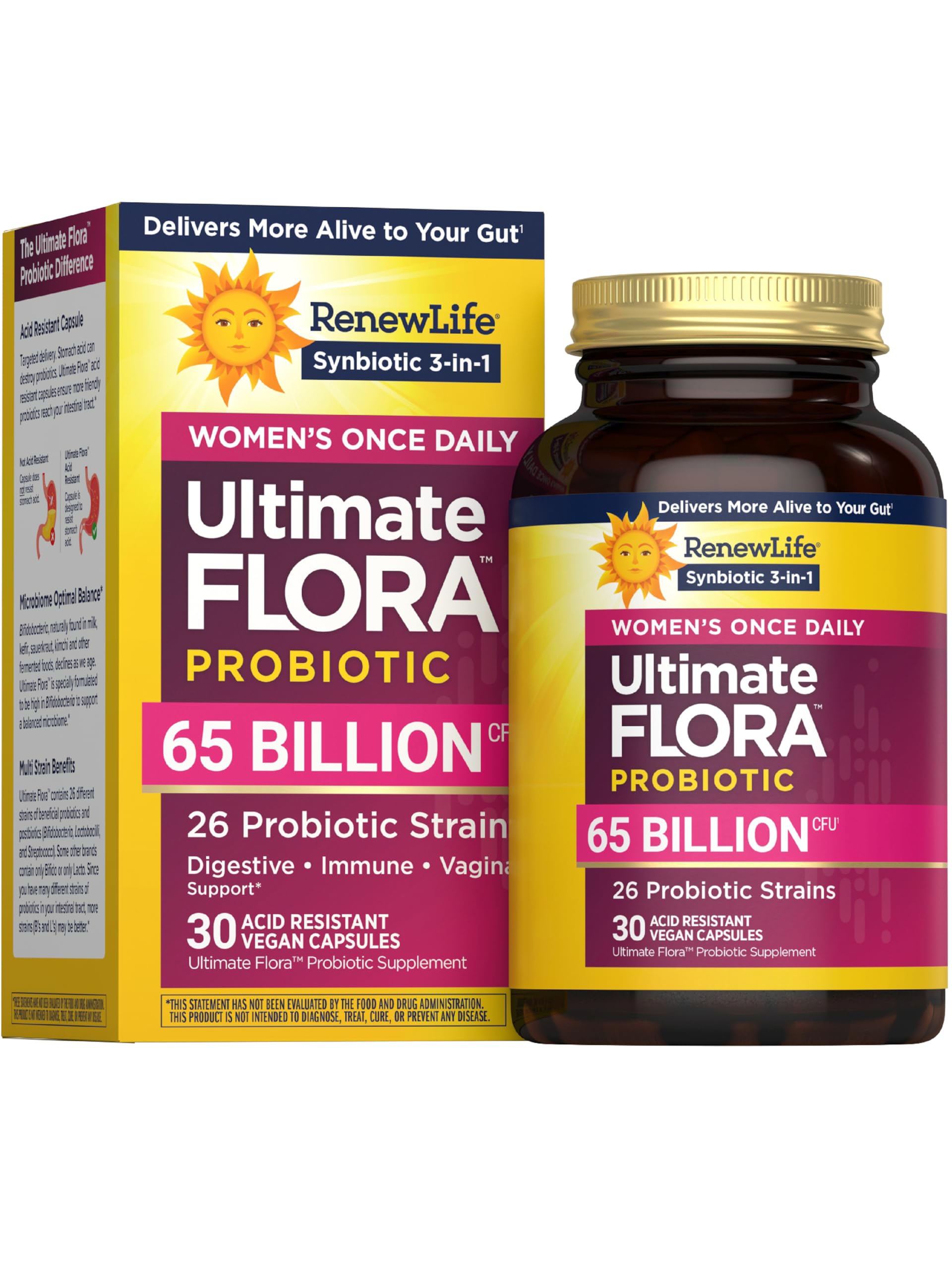 Renew Life Ultimate Flora Women bottle with 65B CFU capsules for daily vaginal and digestive support.