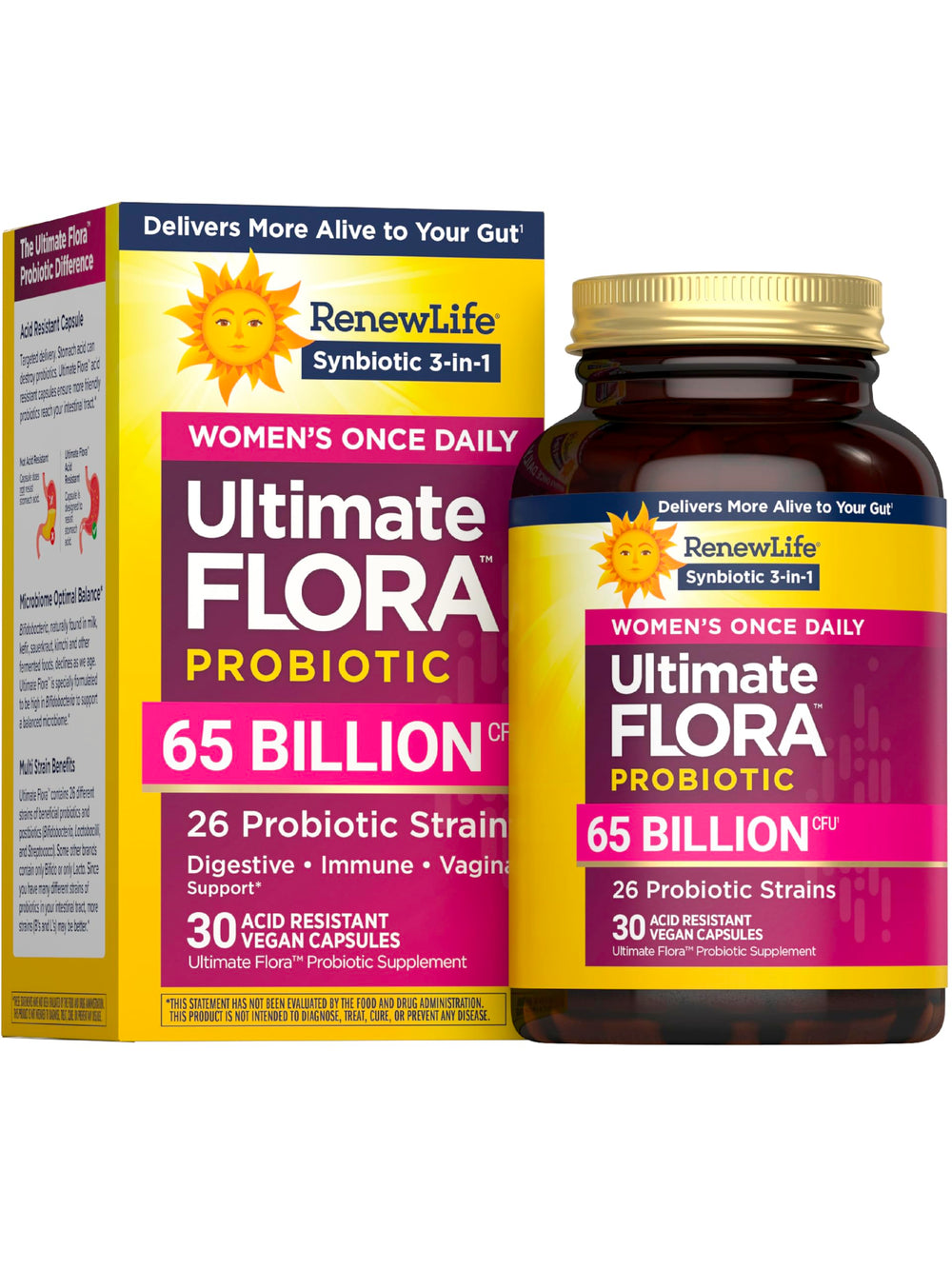 Renew Life Ultimate Flora Women bottle with 65B CFU capsules for daily vaginal and digestive support.