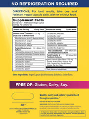 Close-up of Renew Life Ultimate Flora Women capsules highlighting delayed-release vegan formula.