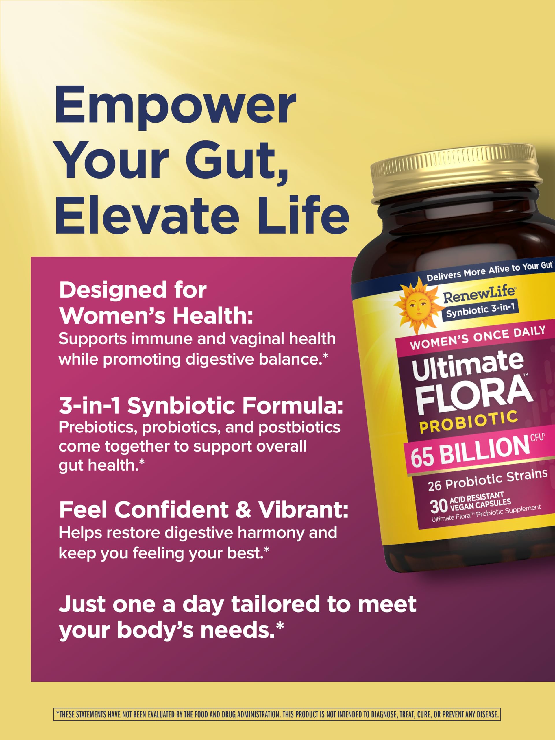 Delayed-release capsules in Renew Life Ultimate Flora Women bottle designed for targeted delivery.