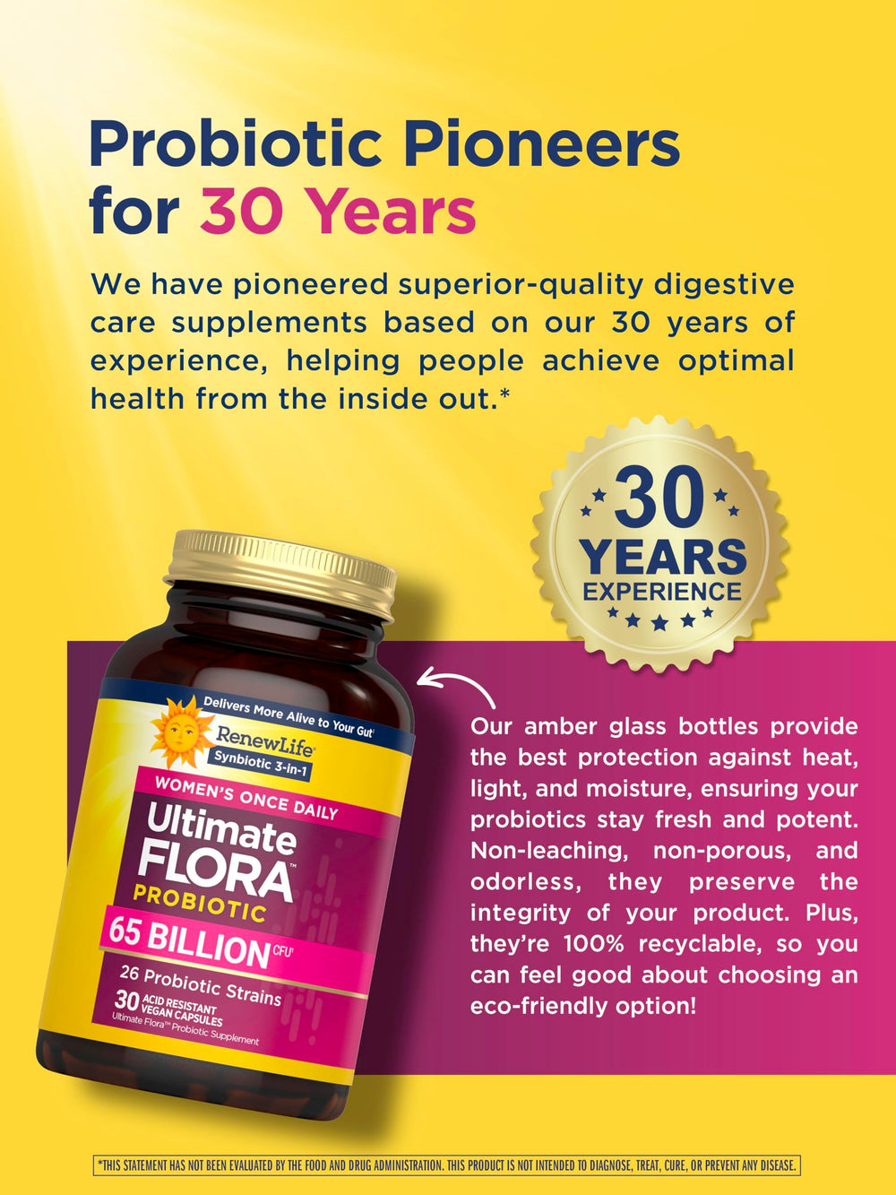 Renew Life Ultimate Flora Women vegan capsules with dairy-free formulation for overall gut and immune support.
