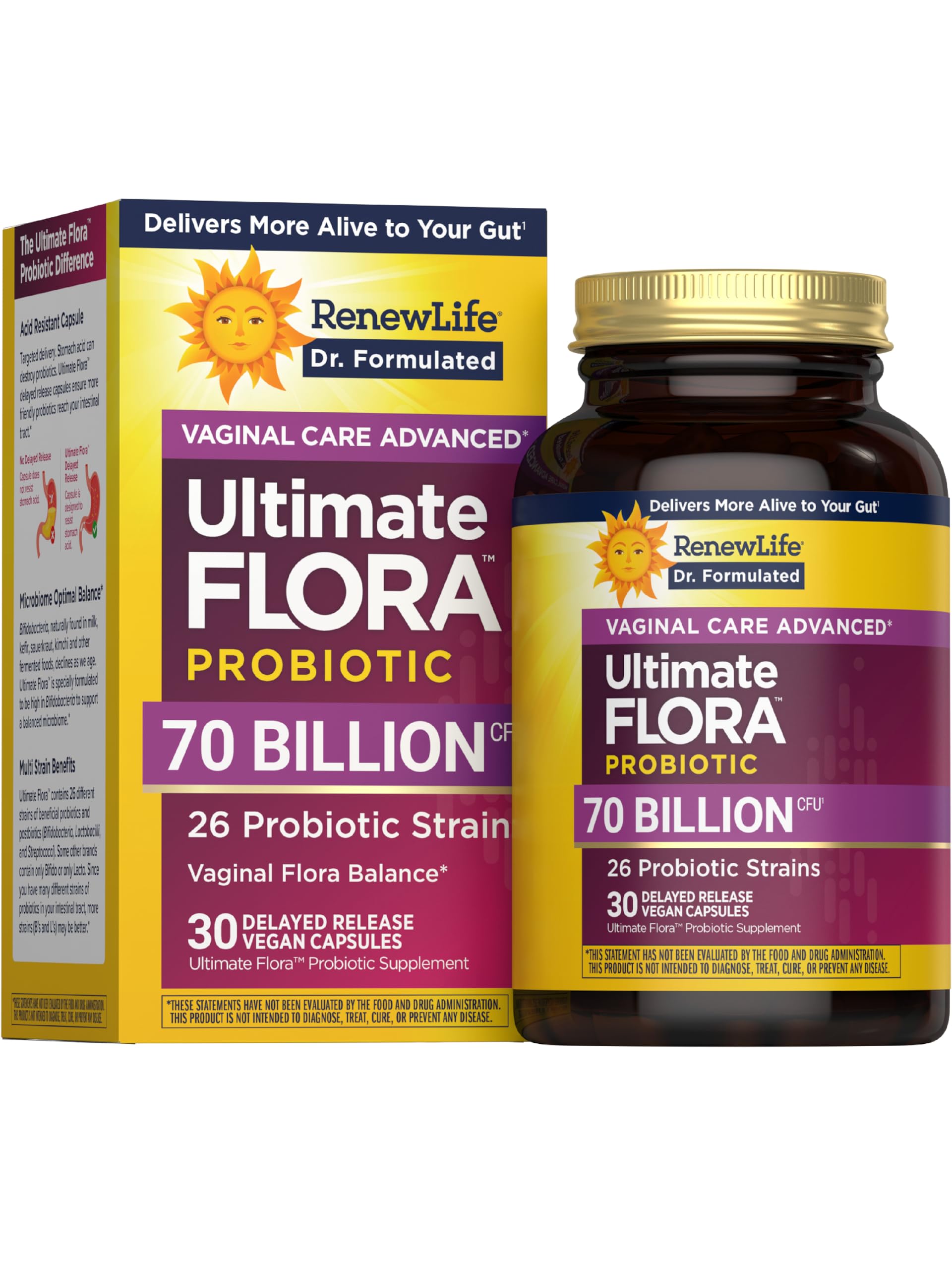 Renew Life Ultimate Flora Women 70B capsules close-up for daily gut and vaginal wellness.