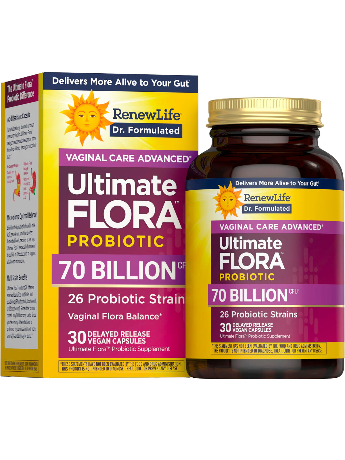 Renew Life Ultimate Flora Women 70B capsules close-up for daily gut and vaginal wellness.