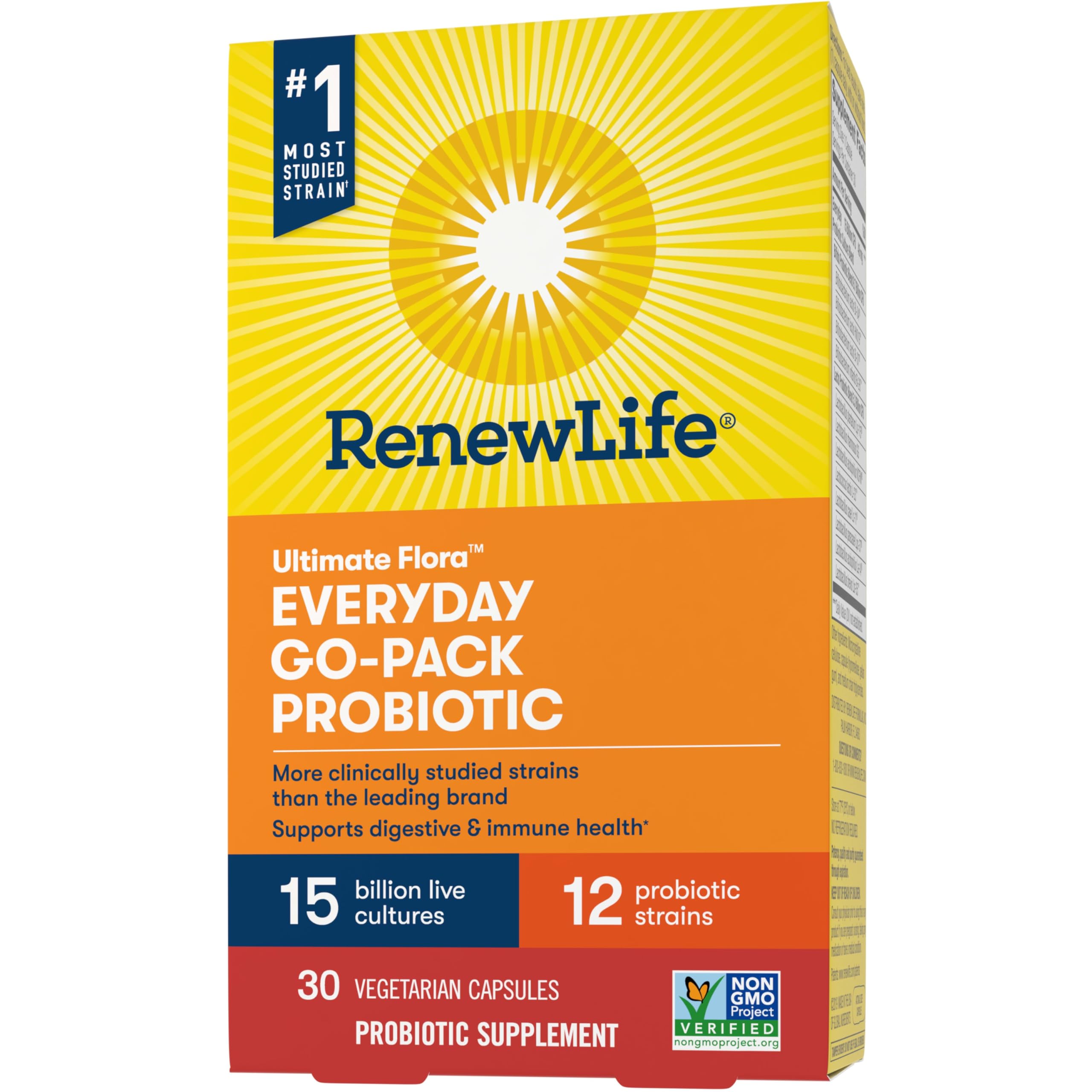 Visual of Renew Life probiotic capsules highlighting 12-strain blend for gut and immune support.