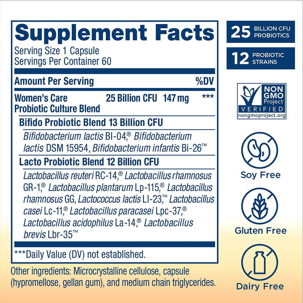 Renew Life Women's Care probiotic capsules showing daily use benefits.