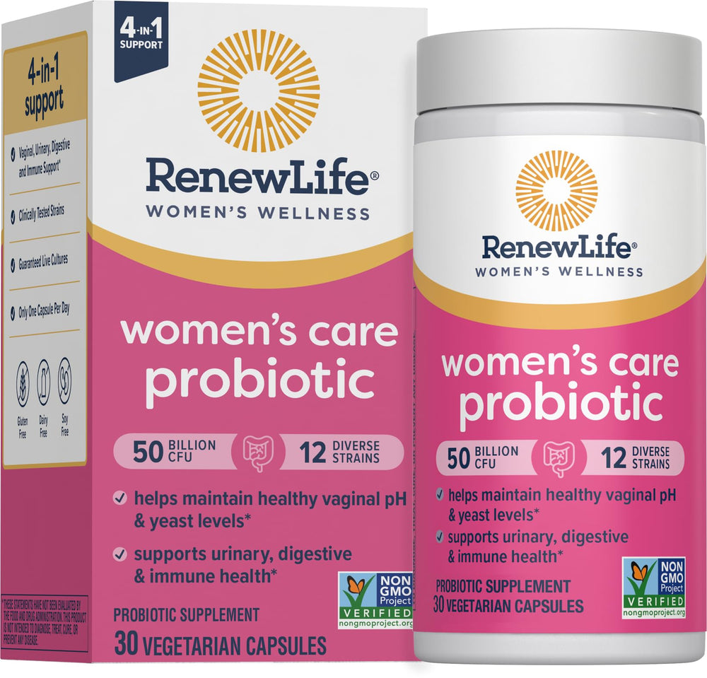 Renew Life Women's Probiotic bottle with 50B CFU potency for feminine balance.