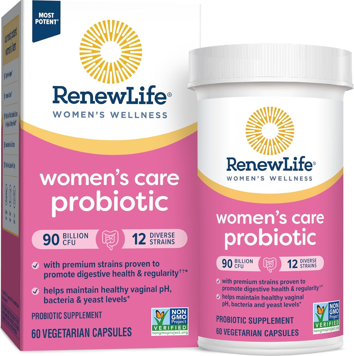 Renew Life Women's Probiotic bottle front view promoting daily vaginal and digestive support