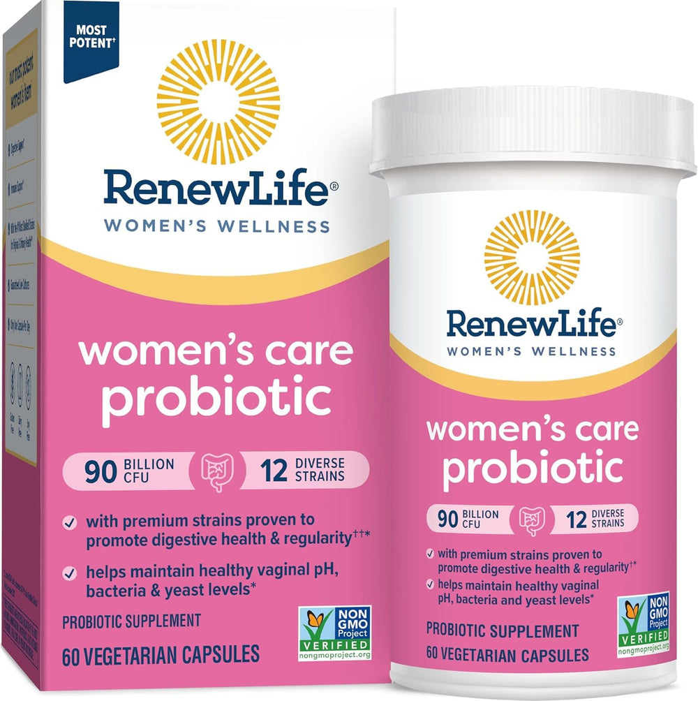Renew Life Women's Probiotic bottle front view promoting daily vaginal and digestive support