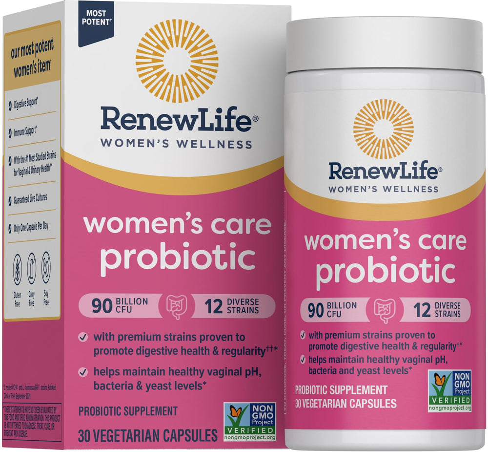 Renew Life Women's Probiotic bottle with 90B CFU and multi-strain formula.