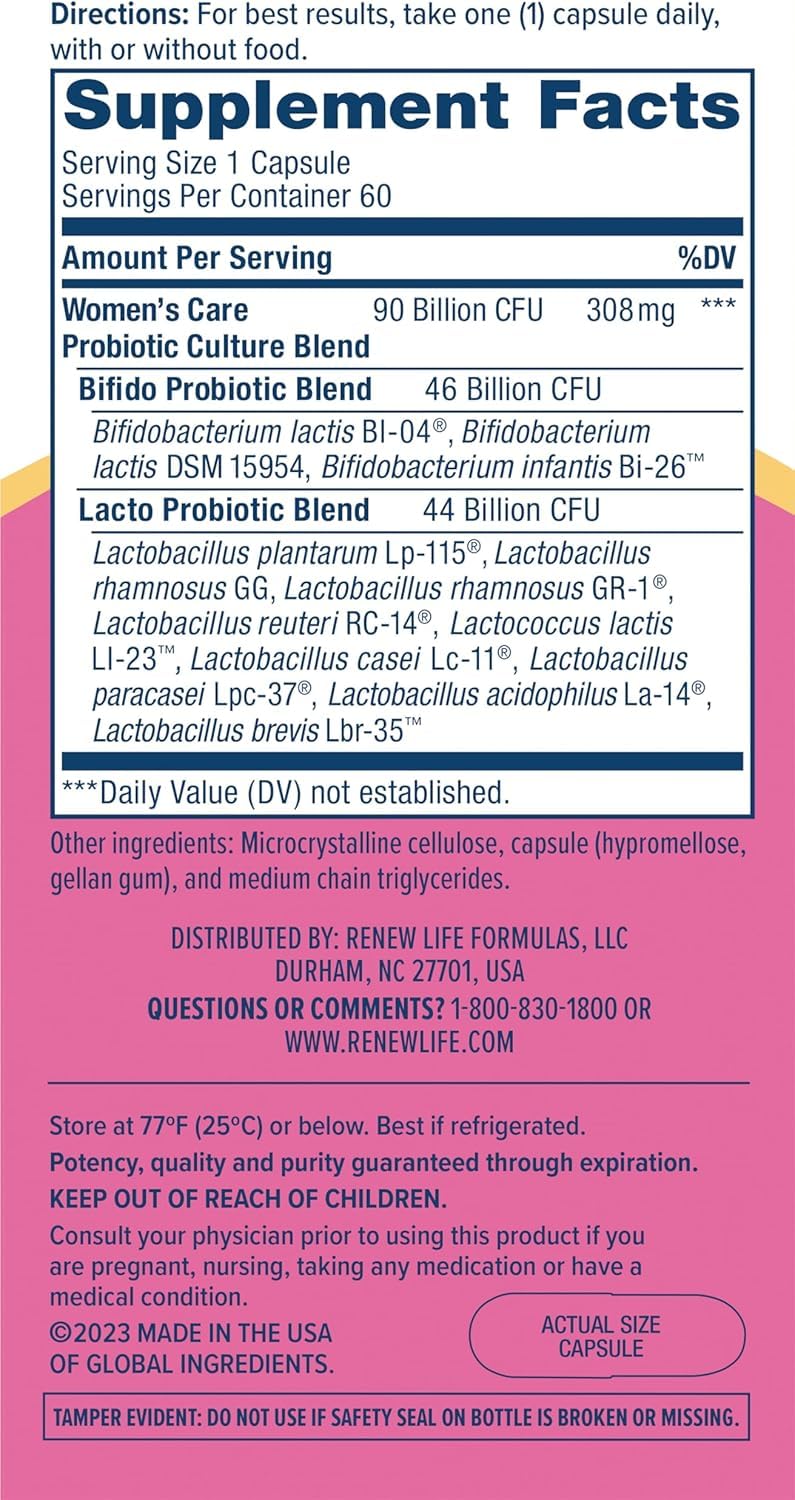 Renew Life Women's Probiotic capsules close-up highlighting delayed-release design for gut delivery