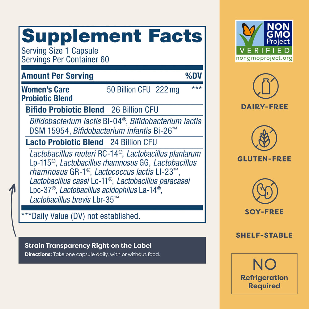 Renew Life Women's Probiotic capsules closeup highlighting delayed-release design for gut delivery