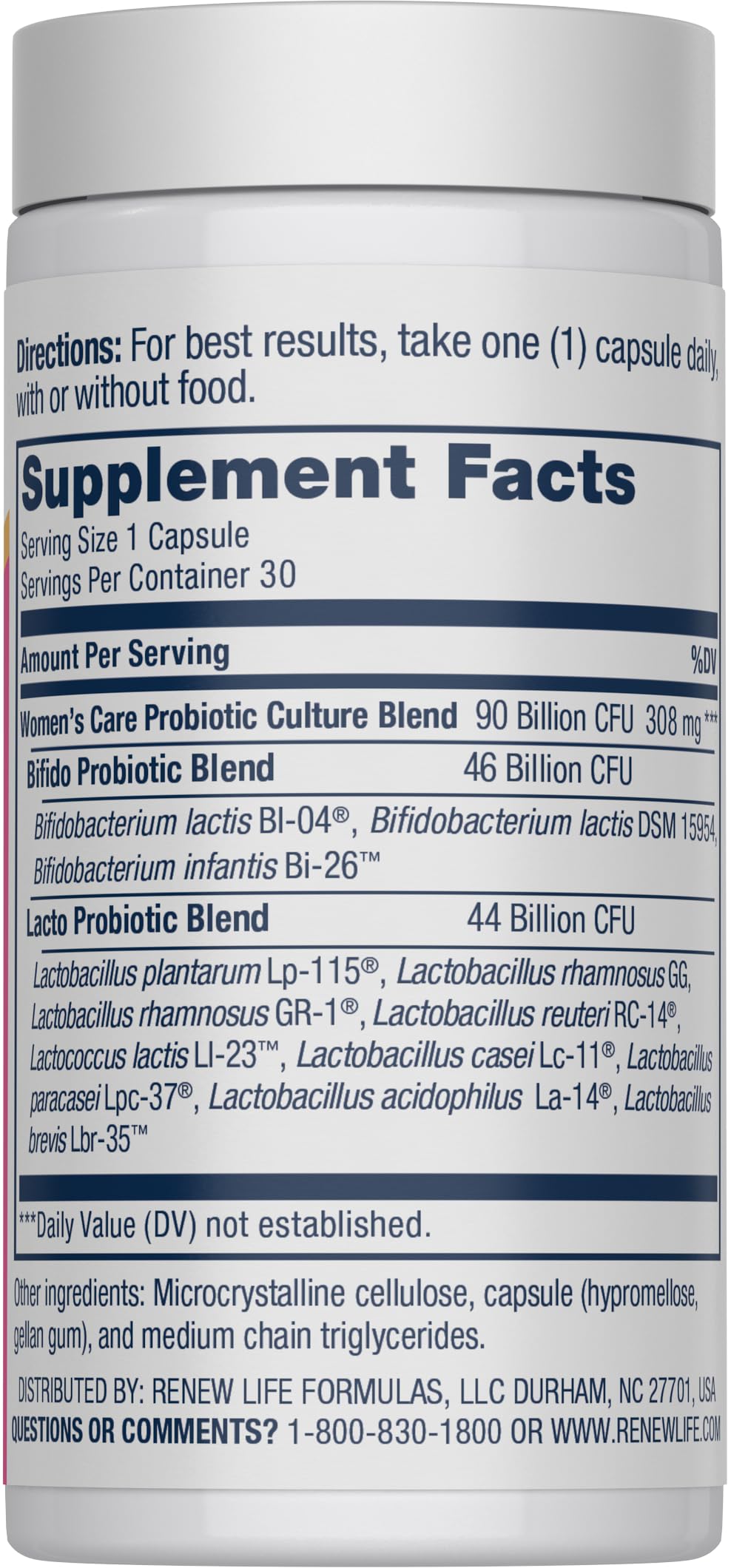 Renew Life Women's Probiotic capsules close-up, delayed-release for gut survival.