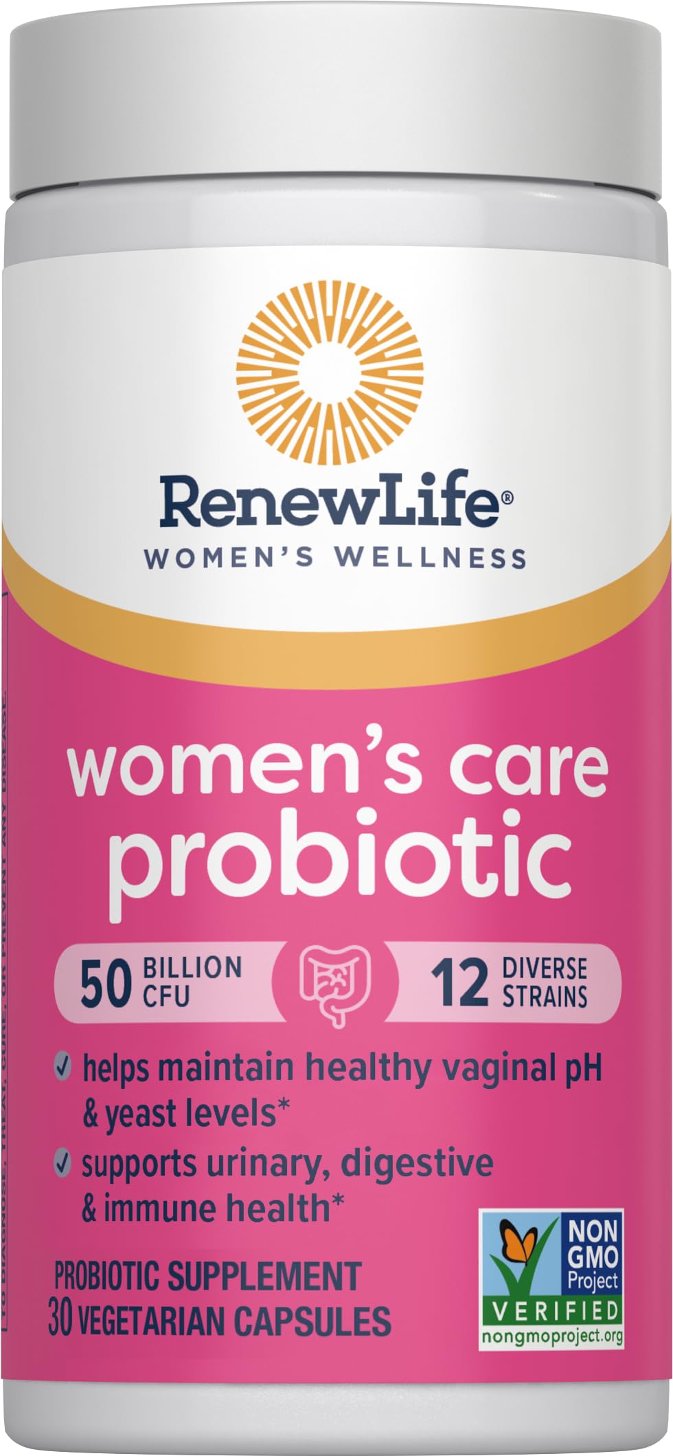 Renew Life delayed-release capsules preserved in stay-fresh bottle for gut health.