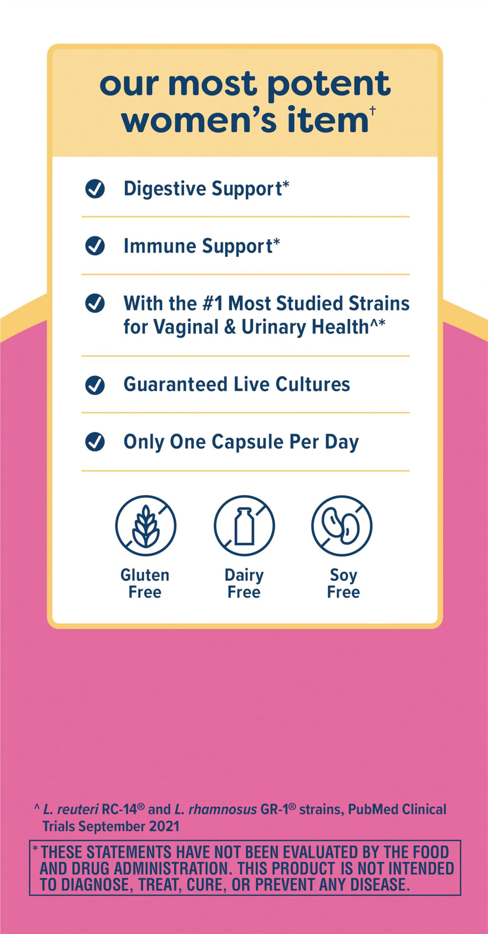 Renew Life Women's Probiotic gg strain close-up highlighting the No. 1 studied strain