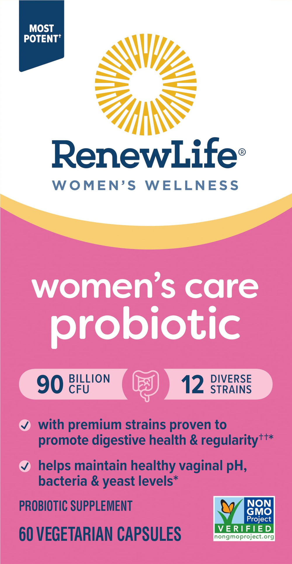 Renew Life Women's Probiotic label emphasizes gluten-free, dairy-free, soy-free and Non-GMO