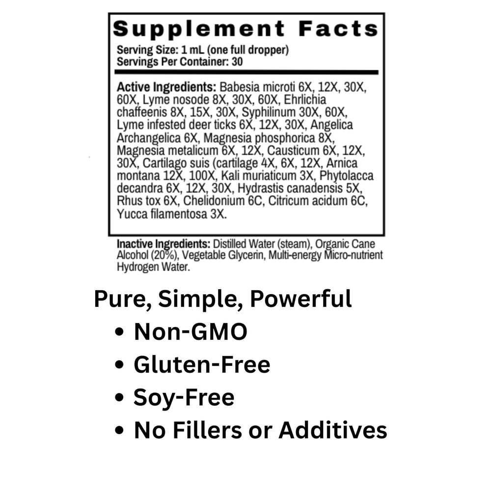 RenewMind LymeEz ingredient label focus underscores GMO-free, gluten-free, and soy-free formula.