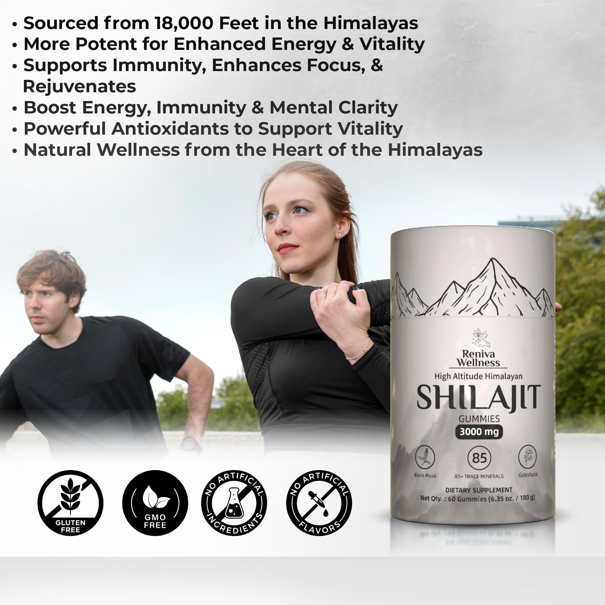 Reniva Wellness Shilajit Gummies close-up shows chewy texture and tamarind flavor for natural energy.