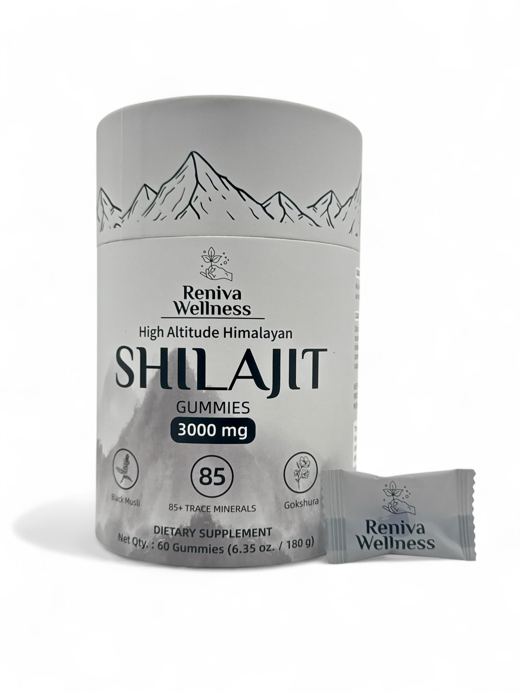 Reniva Wellness Shilajit Gummies packaging in a sleek grey tube for travel and daily energy.
