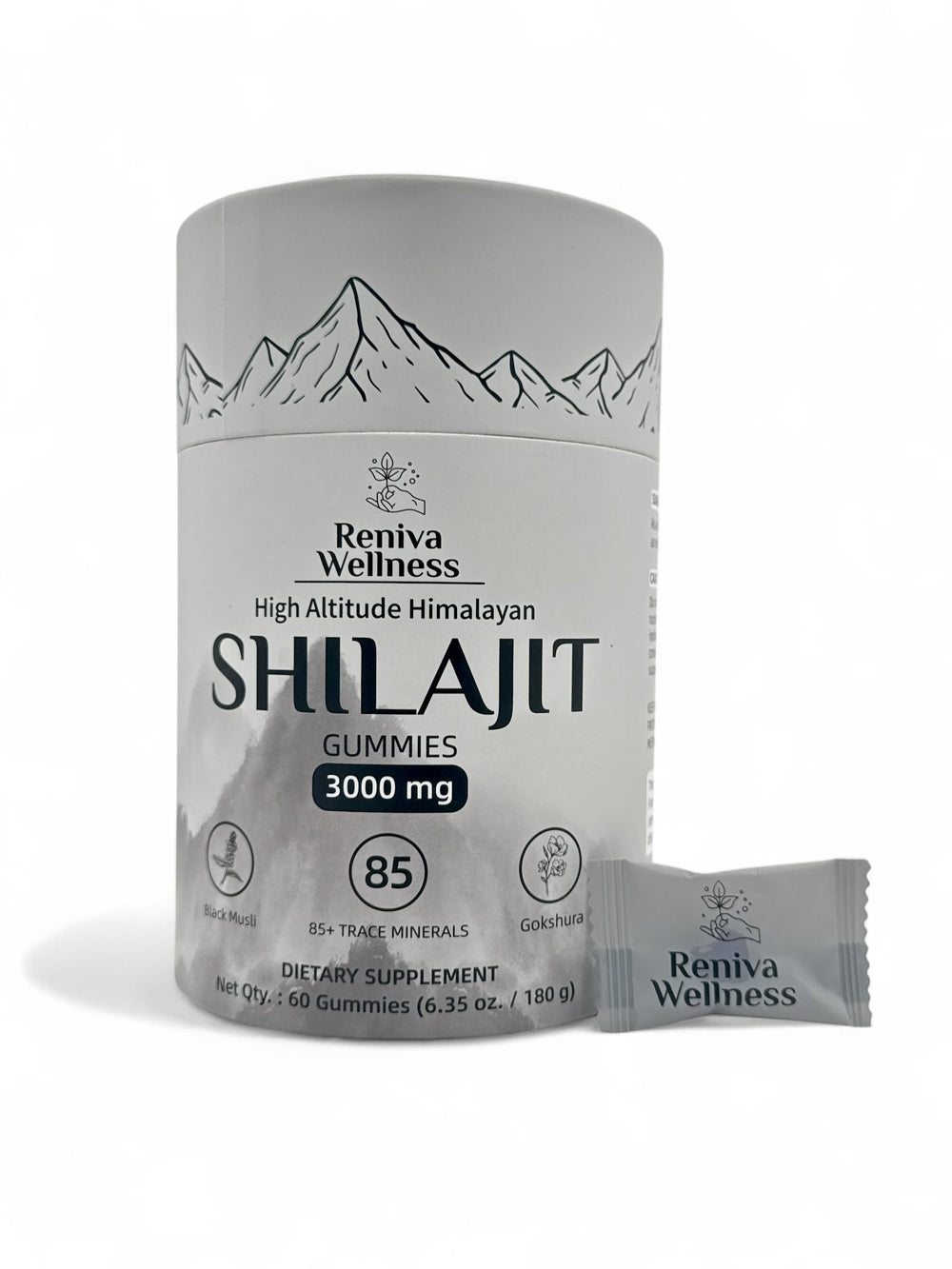 Reniva Wellness Shilajit Gummies packaging in a sleek grey tube for travel and daily energy.