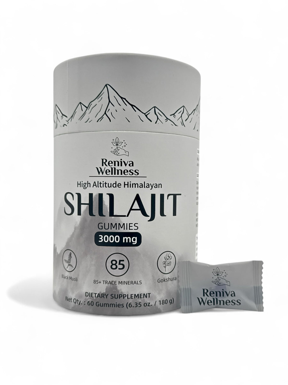 Reniva Wellness Shilajit Gummies packaging in a sleek grey tube for travel and daily energy.